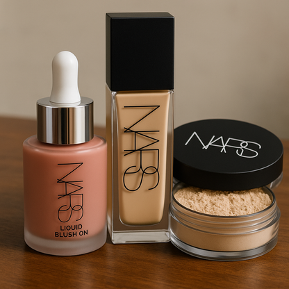 NARS Flawless Glow Makeup Bundle – Foundation, Loose Powder & Liquid Blush (4 Shades)