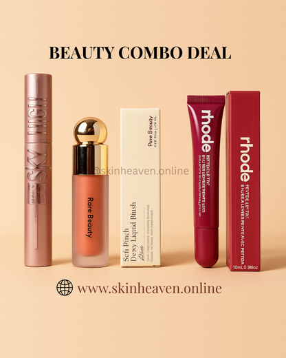 Premium Beauty Trio – Rhode Lip Tint | Rare Beauty Liquid Blush | Maybelline Sky High Mascara